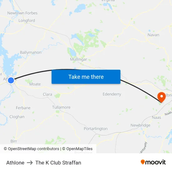 Athlone to The K Club Straffan map