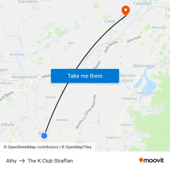 Athy to The K Club Straffan map