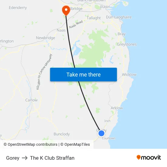 Gorey to The K Club Straffan map