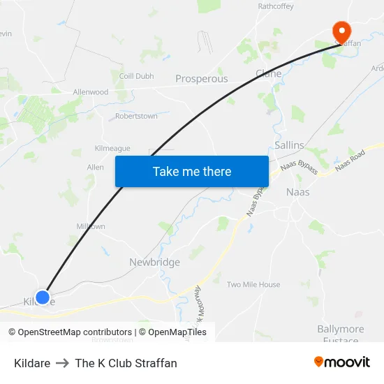 Kildare to The K Club Straffan map