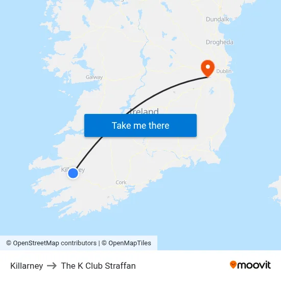 Killarney to The K Club Straffan map