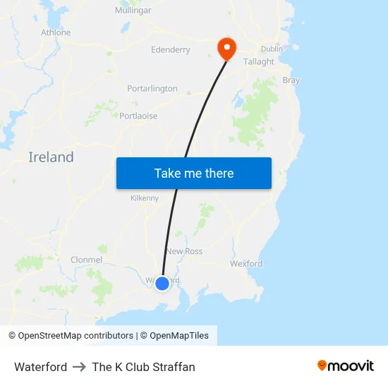 Waterford to The K Club Straffan map