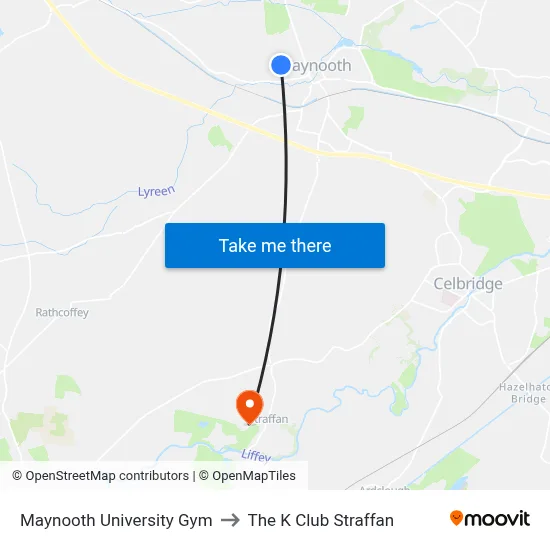 Maynooth University Gym to The K Club Straffan map