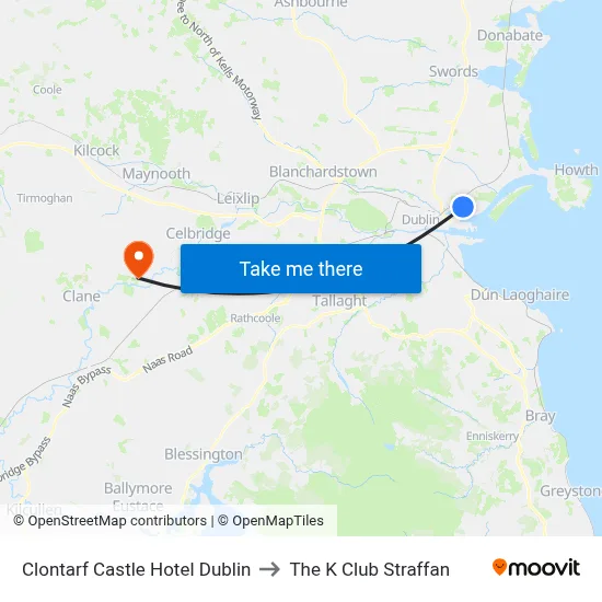 Clontarf Castle Hotel Dublin to The K Club Straffan map
