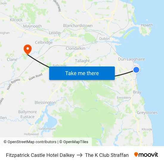Fitzpatrick Castle Hotel Dalkey to The K Club Straffan map