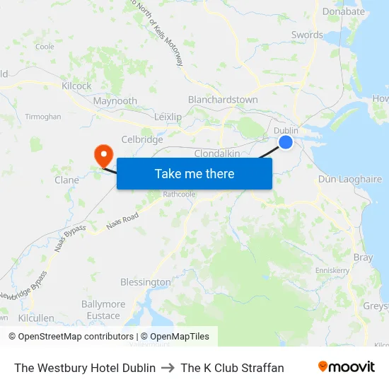 The Westbury Hotel Dublin to The K Club Straffan map