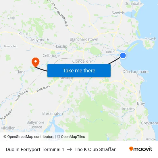 Dublin Ferryport Terminal 1 to The K Club Straffan map