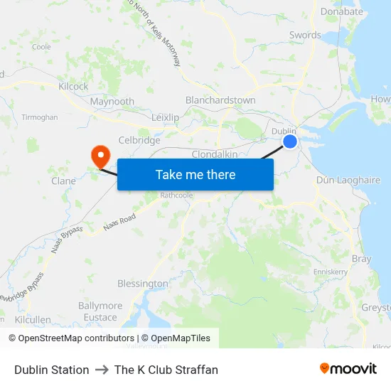 Dublin Station to The K Club Straffan map