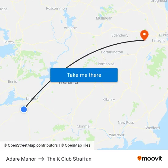 Adare Manor to The K Club Straffan map
