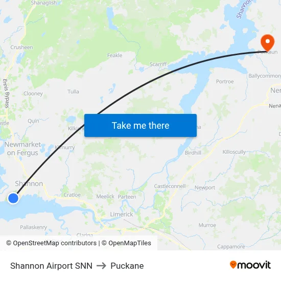 Shannon Airport SNN to Puckane map