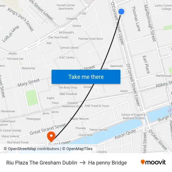Riu Plaza The Gresham Dublin to Ha penny Bridge map