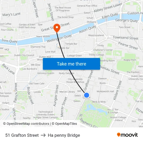 51 Grafton Street to Ha penny Bridge map