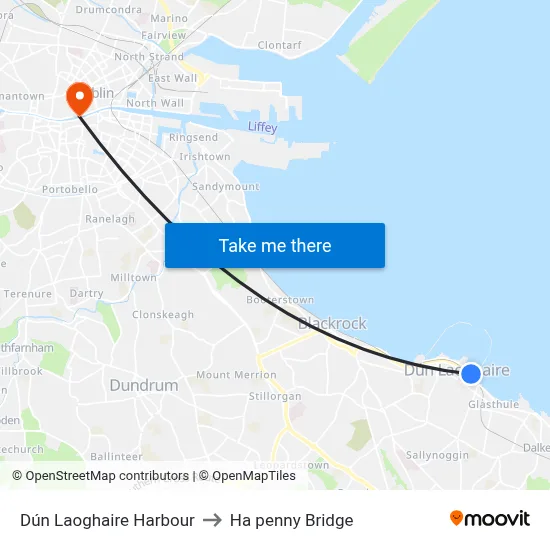 Dún Laoghaire Harbour to Ha penny Bridge map