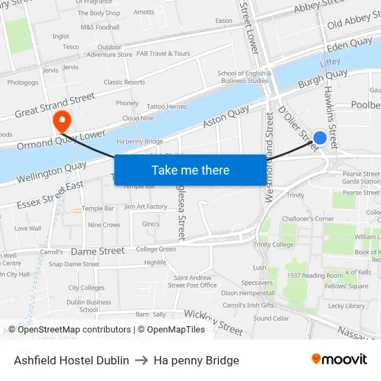 Ashfield Hostel Dublin to Ha penny Bridge map