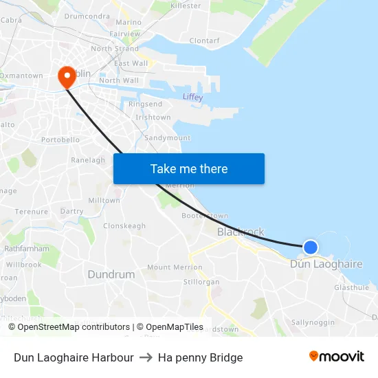 Dun Laoghaire Harbour to Ha penny Bridge map