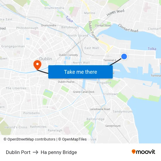Dublin Port to Ha penny Bridge map