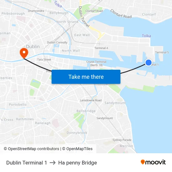 Dublin Terminal 1 to Ha penny Bridge map