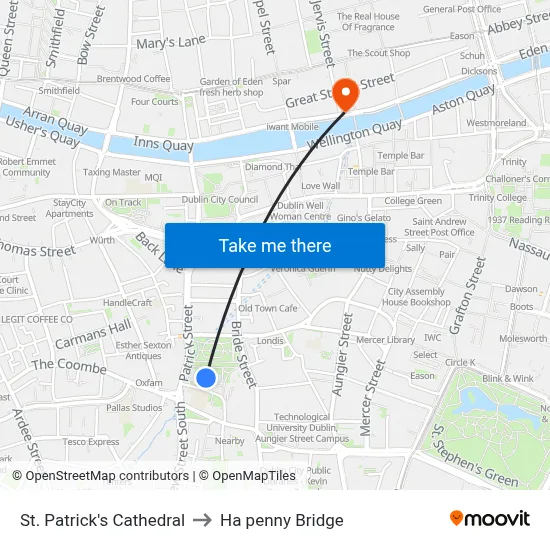 St. Patrick's Cathedral to Ha penny Bridge map