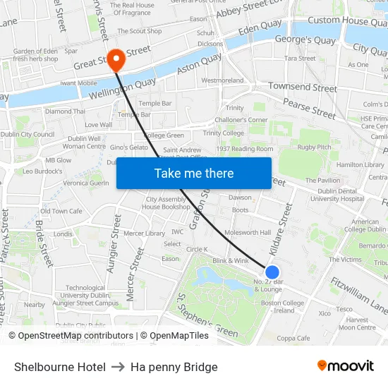 Shelbourne Hotel to Ha penny Bridge map