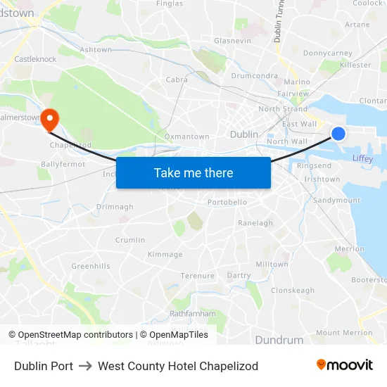Dublin Port to West County Hotel Chapelizod map