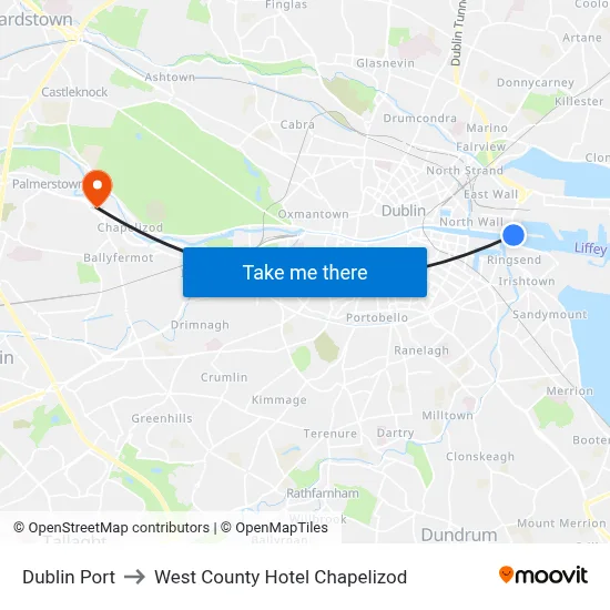 Dublin Port to West County Hotel Chapelizod map