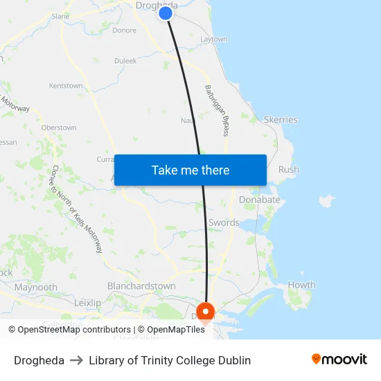 Drogheda to Library of Trinity College Dublin map