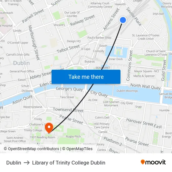Dublin to Library of Trinity College Dublin map