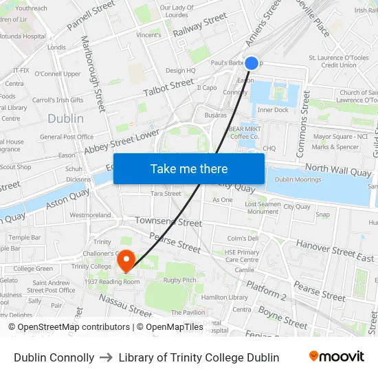 Dublin Connolly to Library of Trinity College Dublin map