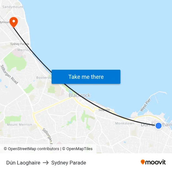 Dún Laoghaire to Sydney Parade map