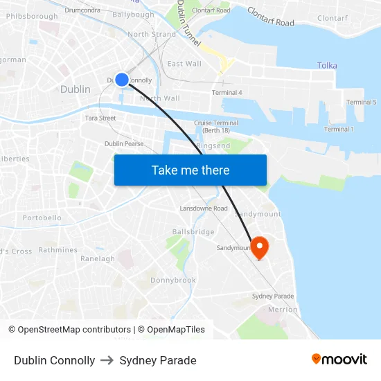 Dublin Connolly to Sydney Parade map