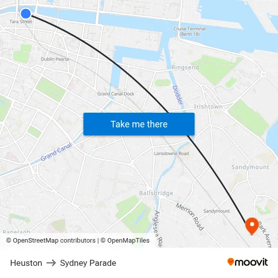 Heuston to Sydney Parade map