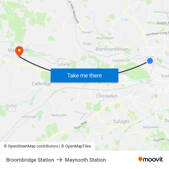 Broombridge Station to Maynooth Station map