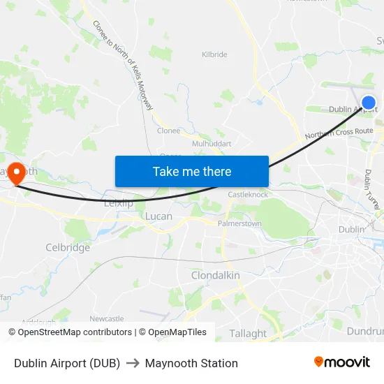 Dublin Airport (DUB) to Maynooth Station map