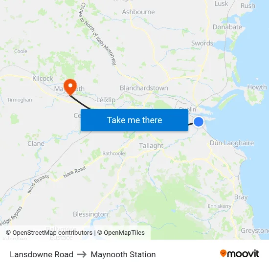 Lansdowne Road to Maynooth Station map