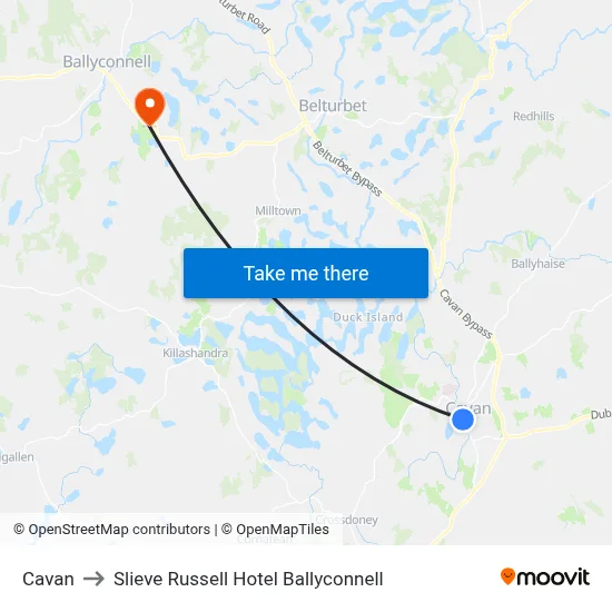 Cavan to Slieve Russell Hotel Ballyconnell map