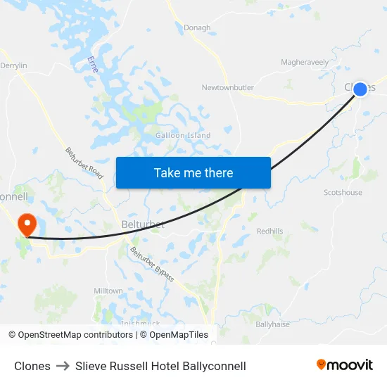 Clones to Slieve Russell Hotel Ballyconnell map