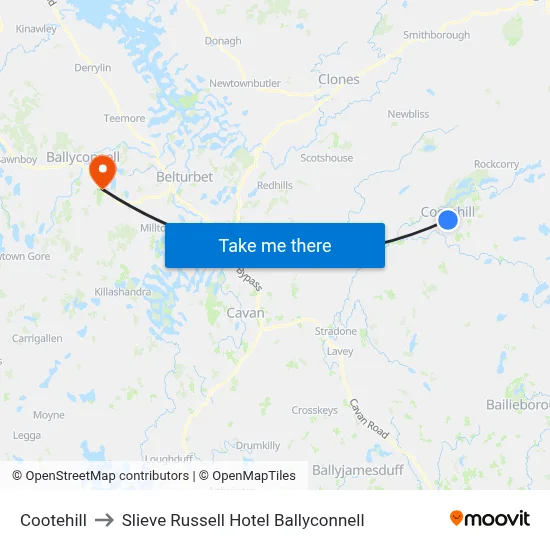 Cootehill to Slieve Russell Hotel Ballyconnell map