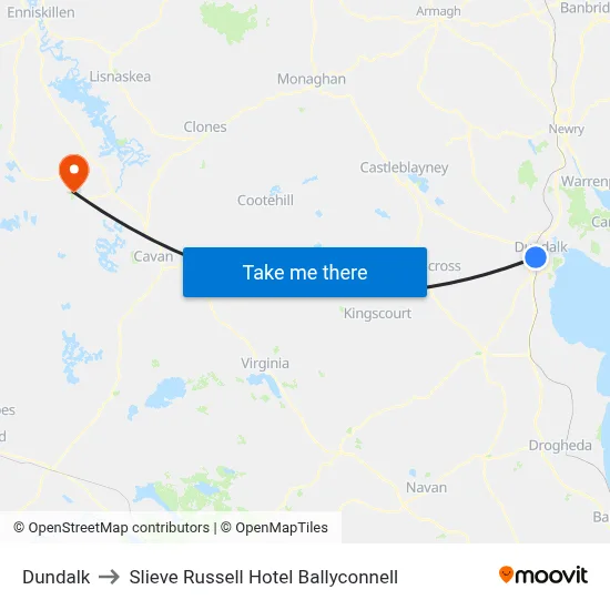 Dundalk to Slieve Russell Hotel Ballyconnell map