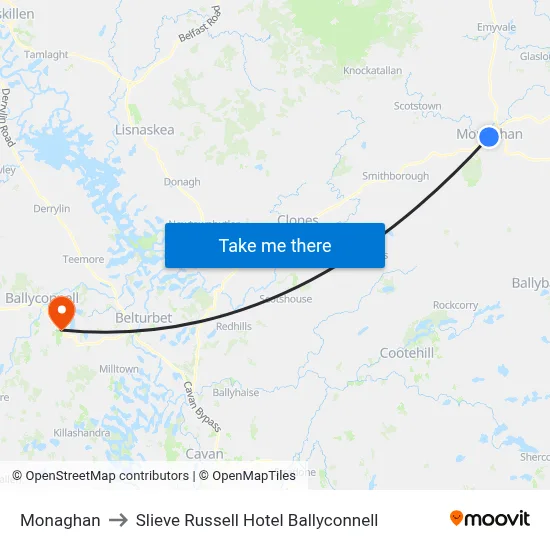 Monaghan to Slieve Russell Hotel Ballyconnell map