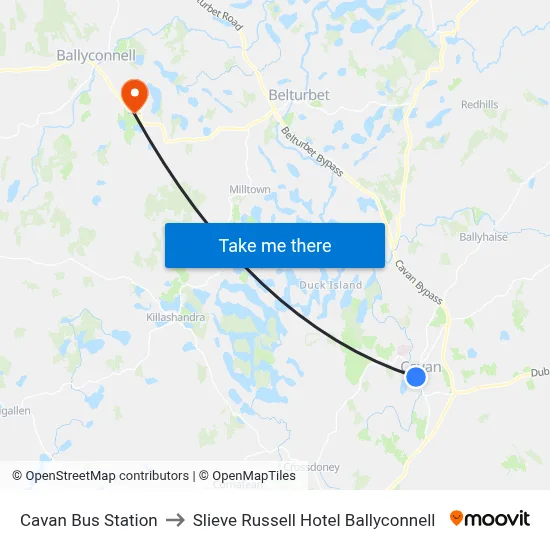 Cavan Bus Station to Slieve Russell Hotel Ballyconnell map