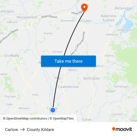 Carlow to County Kildare map