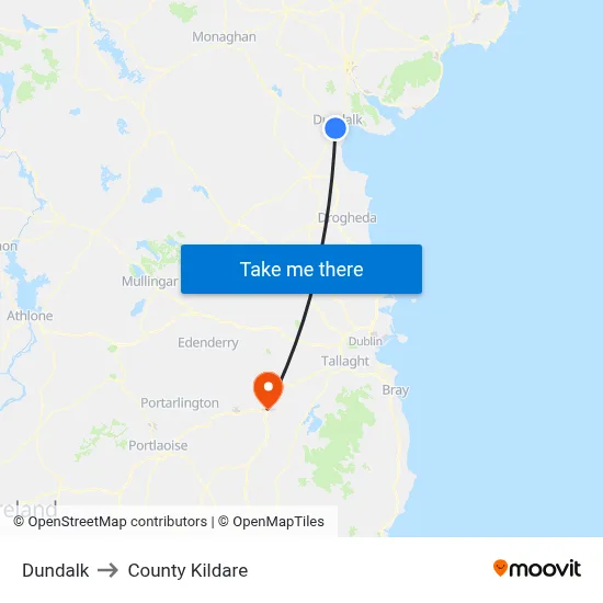 Dundalk to County Kildare map