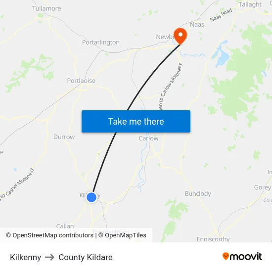 Kilkenny to County Kildare map