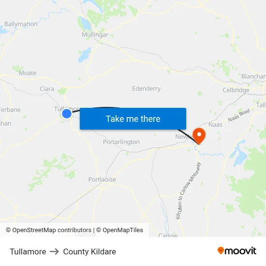 Tullamore to County Kildare map