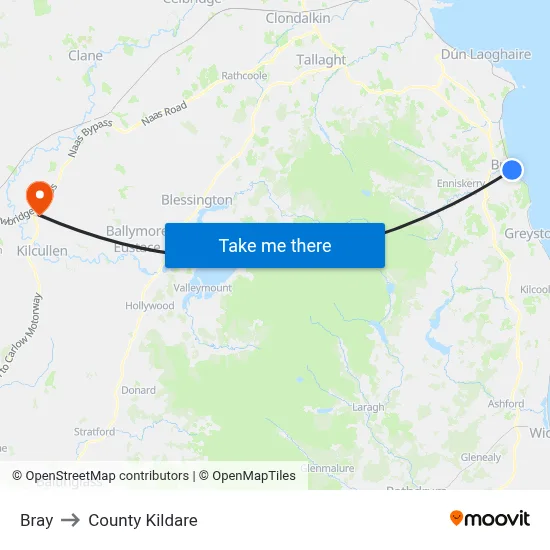 Bray to County Kildare map