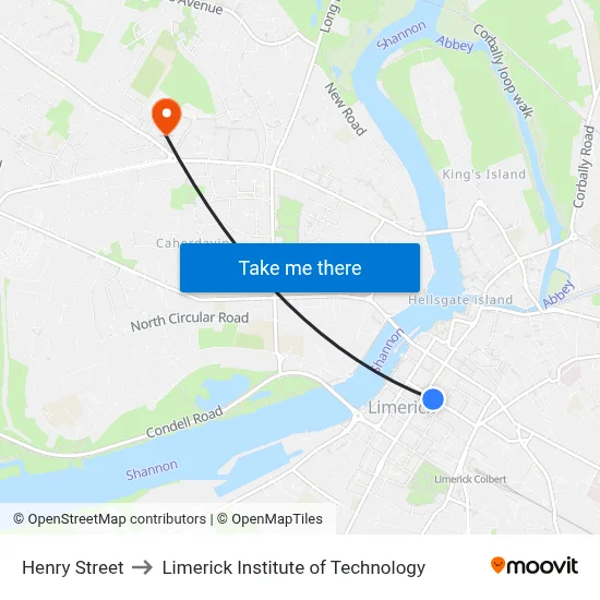 Henry Street to Limerick Institute of Technology map