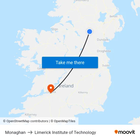 Monaghan to Limerick Institute of Technology map