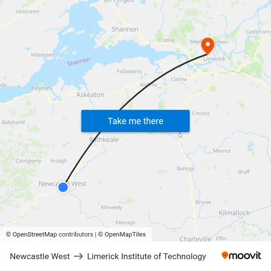 Newcastle West to Limerick Institute of Technology map