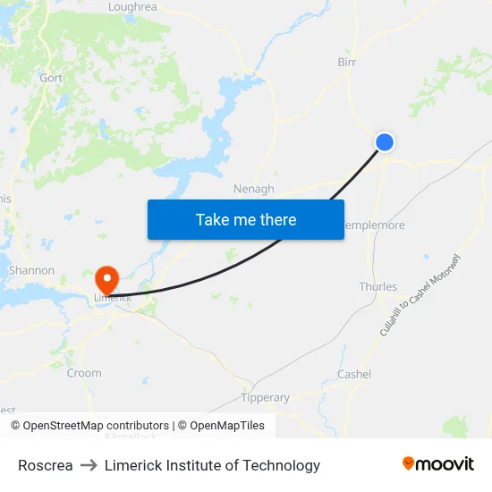 Roscrea to Limerick Institute of Technology map