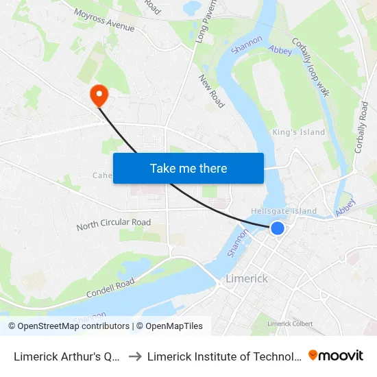 Limerick Arthur's Quay to Limerick Institute of Technology map